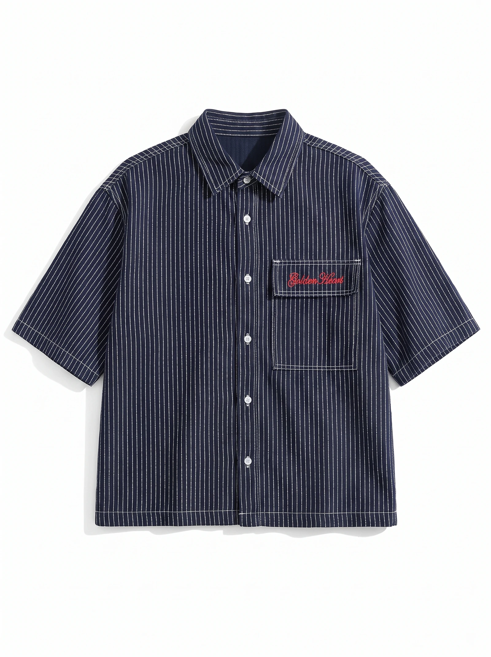 Overshirt Navy a Rayas: detalle de la prenda, tejido y acabados, fotografía de producto (1 de 9) — Centrix Core