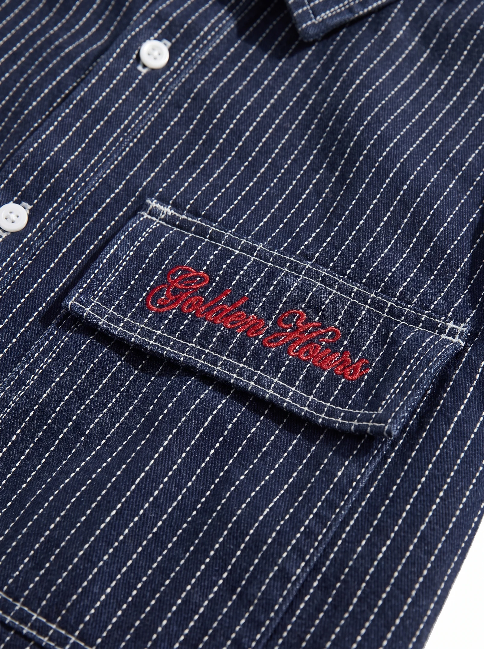 Overshirt Navy a Rayas: detalle de la prenda, tejido y acabados, fotografía de producto (2 de 9) — Centrix Core