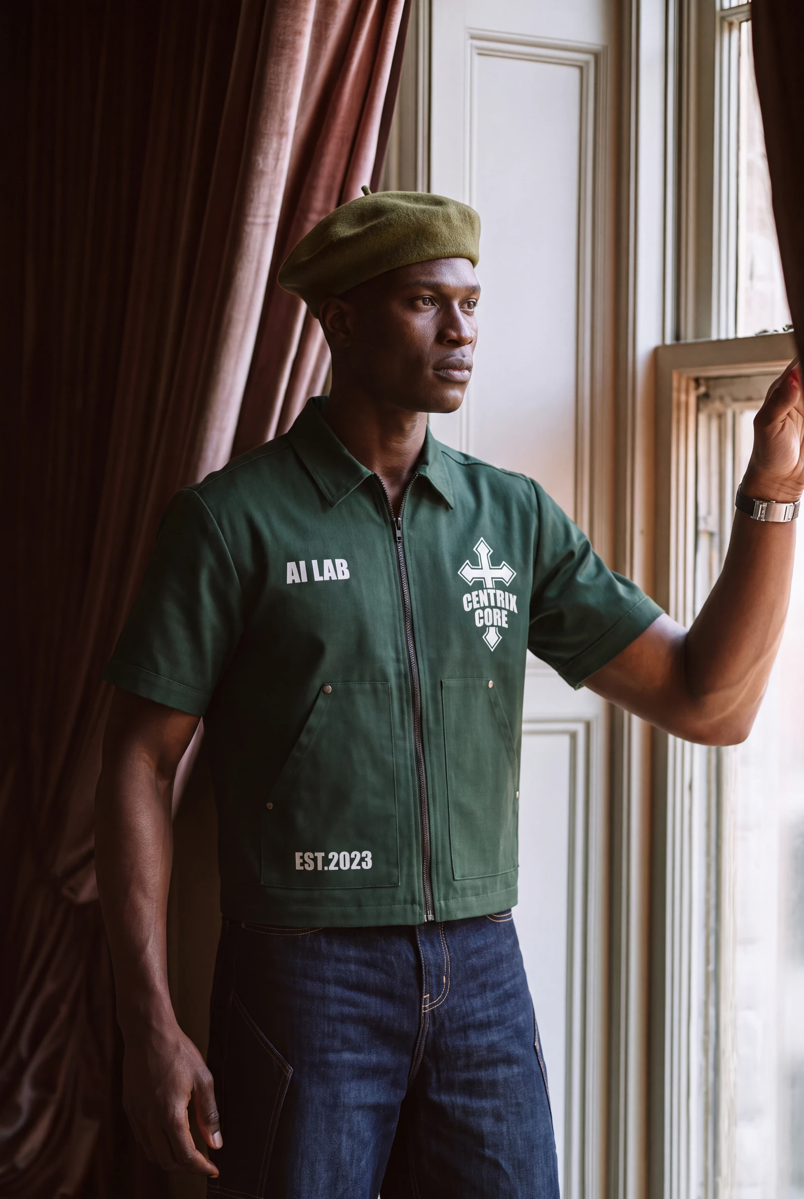 Sobrecamisa Verde Bosque: campaña de moda masculina en teatro y calle · de la ópera al taxi (3 de 5) — Centrix Core